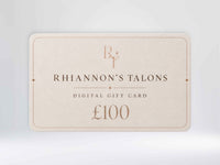 A Rhiannon's Talons £100 digital gift card shown against a soft light gray background. The card is a warm cream color with elegant rose gold text and logo details.
