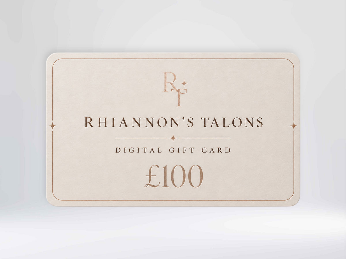 A Rhiannon's Talons £100 digital gift card shown against a soft light gray background. The card is a warm cream color with elegant rose gold text and logo details.