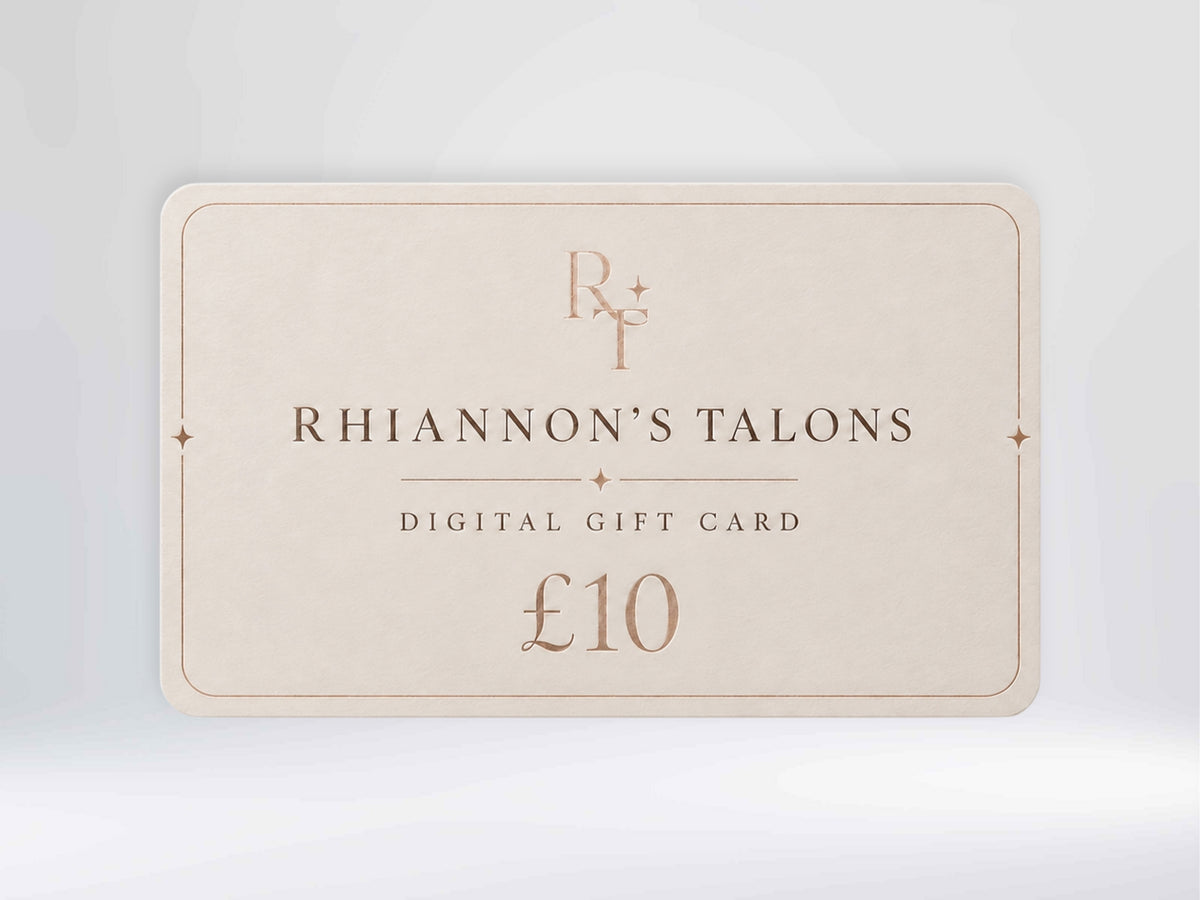 A Rhiannon's Talons digital gift card for £10, shown as a cream-colored rectangular card with elegant gold typography and a thin decorative border, set against a soft light gray background.