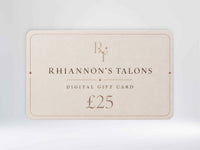 A digital gift card for Rhiannon's Talons, featuring a cream-colored rectangular card with elegant rose gold typography and border details, set against a soft light gray background.