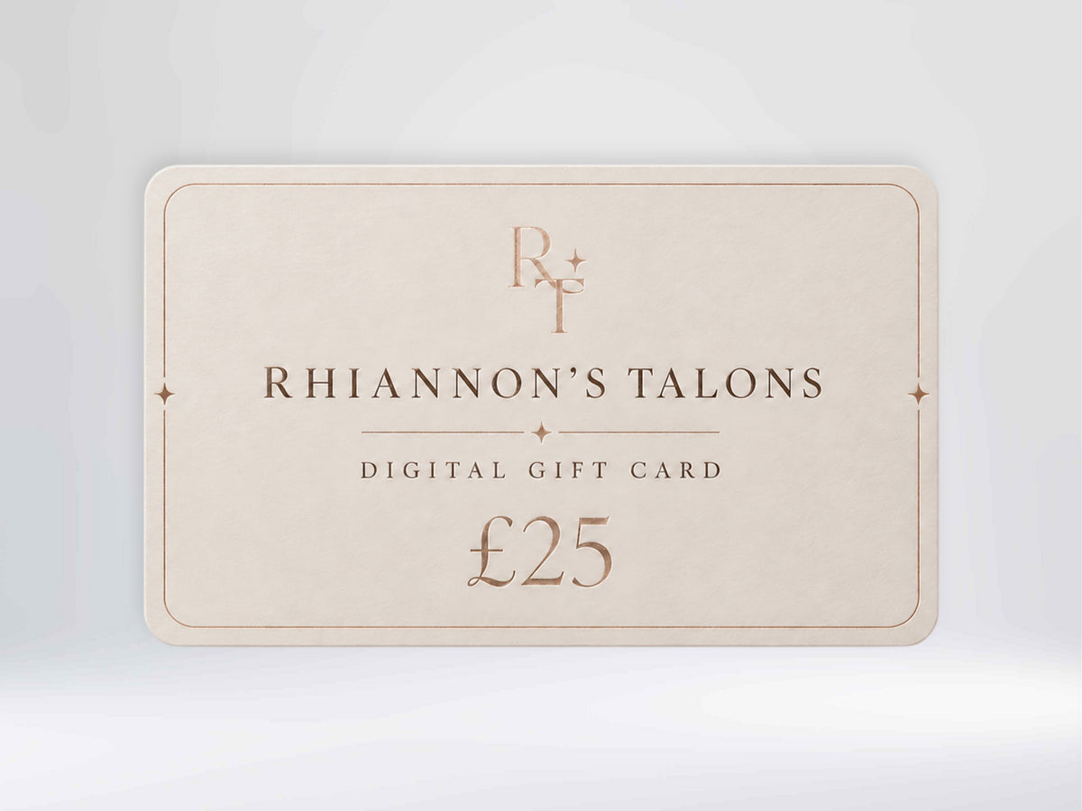 A digital gift card for Rhiannon's Talons, featuring a cream-colored rectangular card with elegant rose gold typography and border details, set against a soft light gray background.