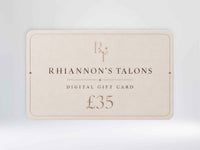 A digital gift card for Rhiannon's Talons, valued at £35, shown against a light gray gradient background. The card is a warm cream color with elegant rose gold typography and border details.