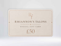 A Rhiannon's Talons digital gift card for £50, shown as a cream-colored rectangular card with elegant rose gold typography and border details, set against a soft light gray background.