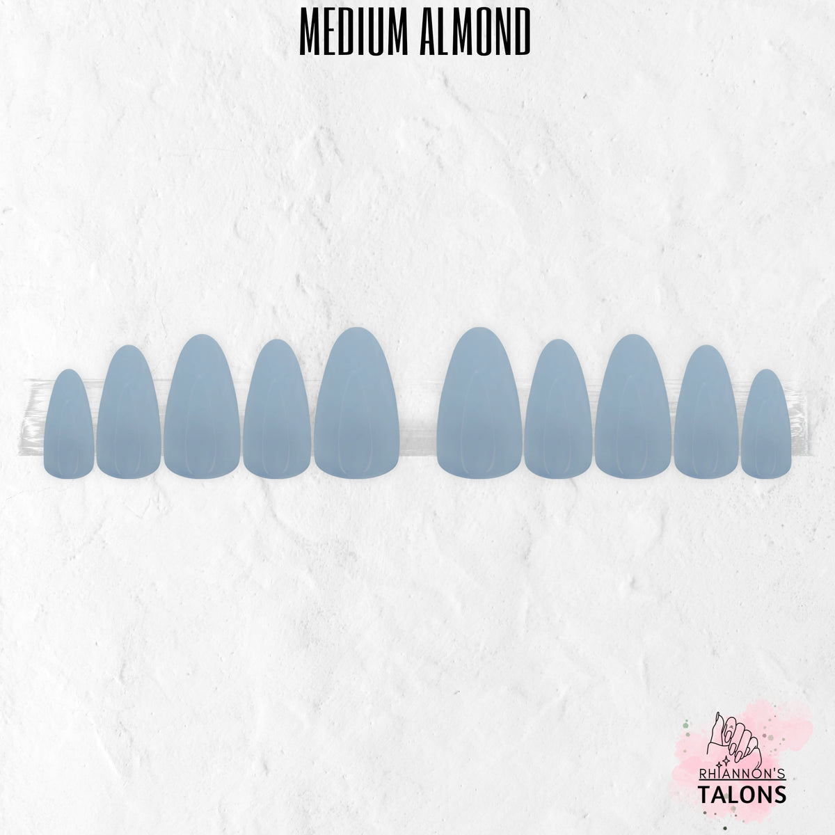 Arctic Angel pale blue medium almond press-on nails with glossy finish