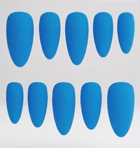 Ten blue almond-shaped press-on nails arranged in two rows on a plain white background.