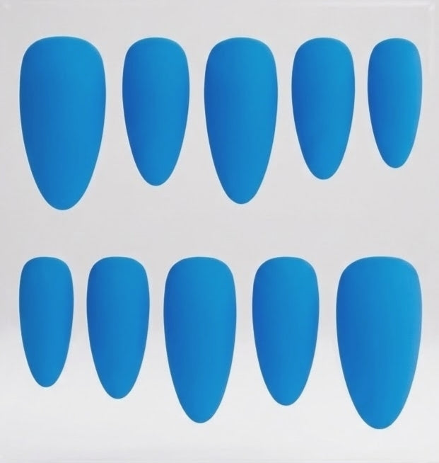 Ten blue almond-shaped press-on nails arranged in two rows on a plain white background.