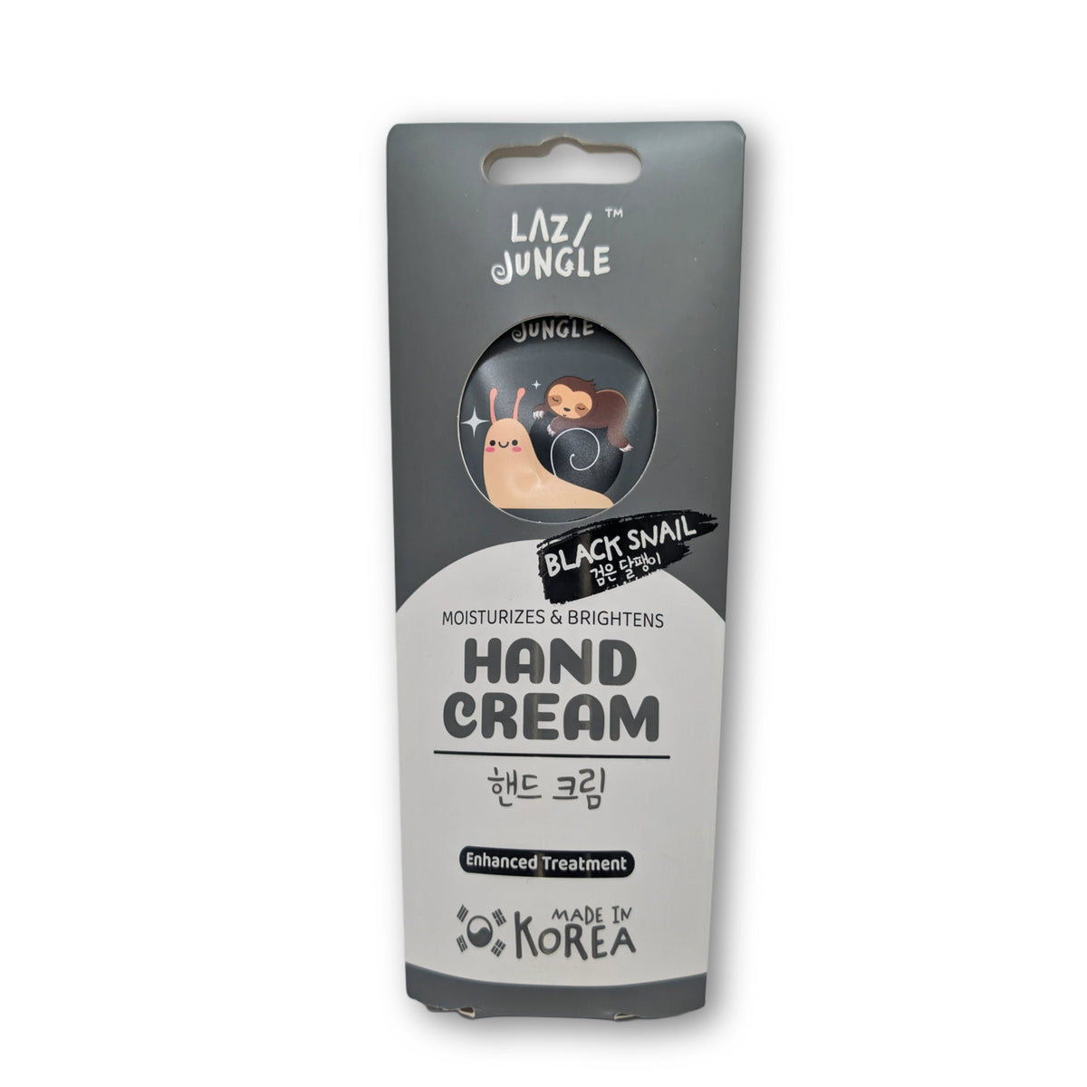 Laz Jungle Black Snail Hand Cream in its retail packaging, featuring a gray and white card with a circular cutout showing the black snail product inside.