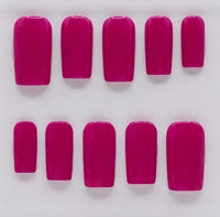 Ten artificial press-on nails in a glossy berry pink color, arranged in two rows of five on a plain white background.