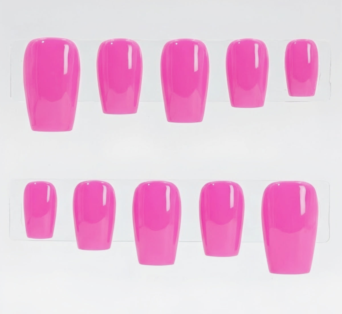 A set of glossy bright pink press-on nails displayed on clear plastic hangers against a white background.