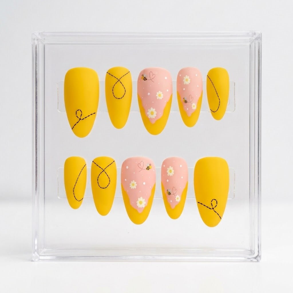 A set of 10 matte almond press-on nails displayed in a clear acrylic case against a white background. The nails feature a split design with bright yellow almond-shaped nails on the top and pink oval-shaped nails on the bottom.