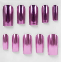 Ten artificial press-on nails with a metallic chrome magenta-pink finish, arranged in two rows on a plain light background.