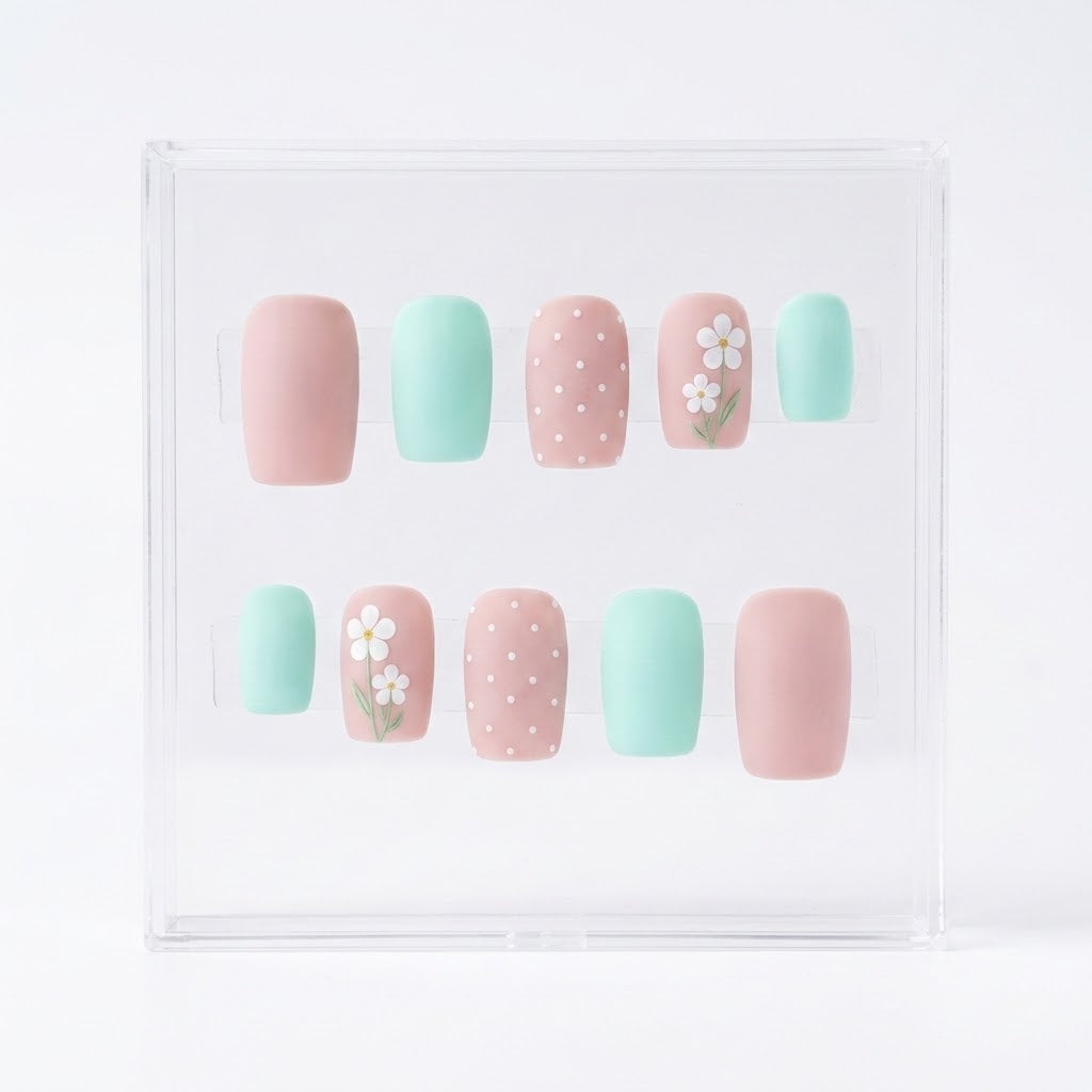 A set of 10 press-on nails displayed inside a clear plastic case on a white background. The nails feature pastel pink and mint green colors with some decorated in white polka dots and daisy patterns.