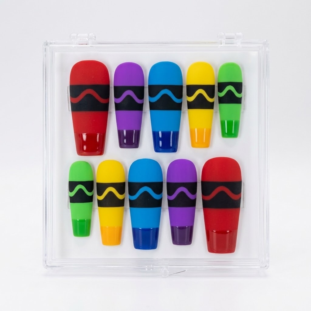 A set of 10 crayon themed coffin press-on nails in a clear plastic case, featuring a crayon-inspired design with bright colors (red, purple, blue, yellow, green) and black wavy lines.