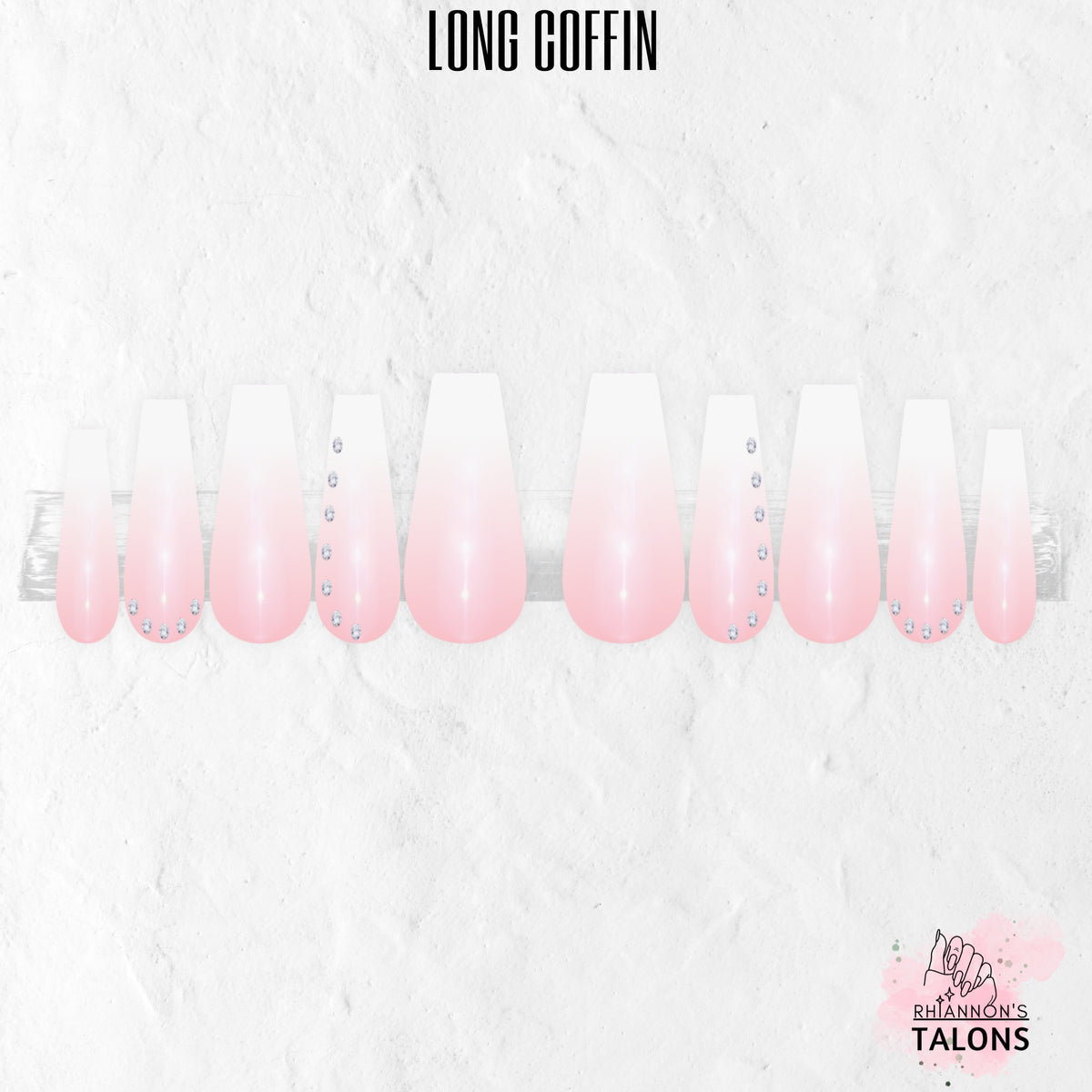 Crystal Blush pink and white ombré press-on nails with clear crystal accents in long coffin shape