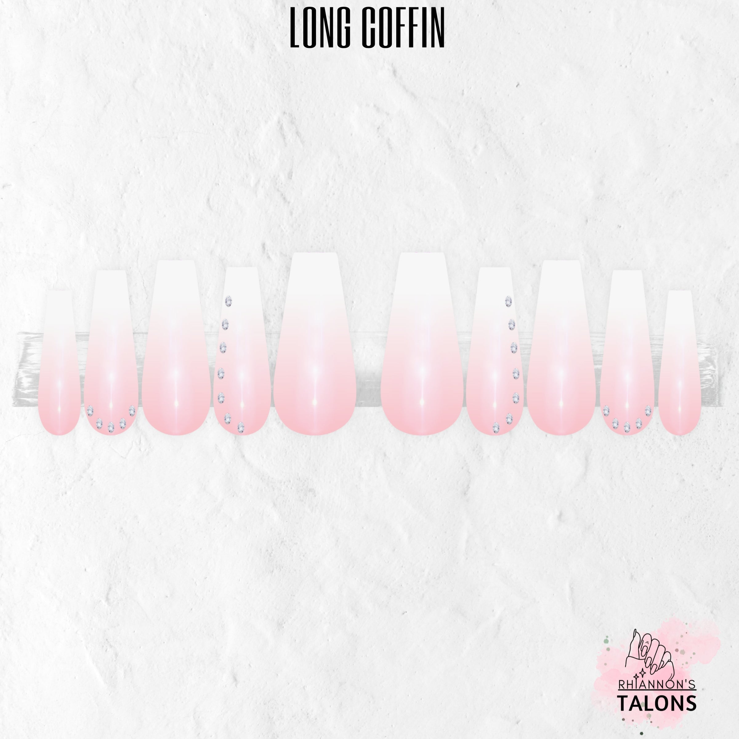 Crystal Blush pink and white ombré press-on nails with clear crystal accents in long coffin shape