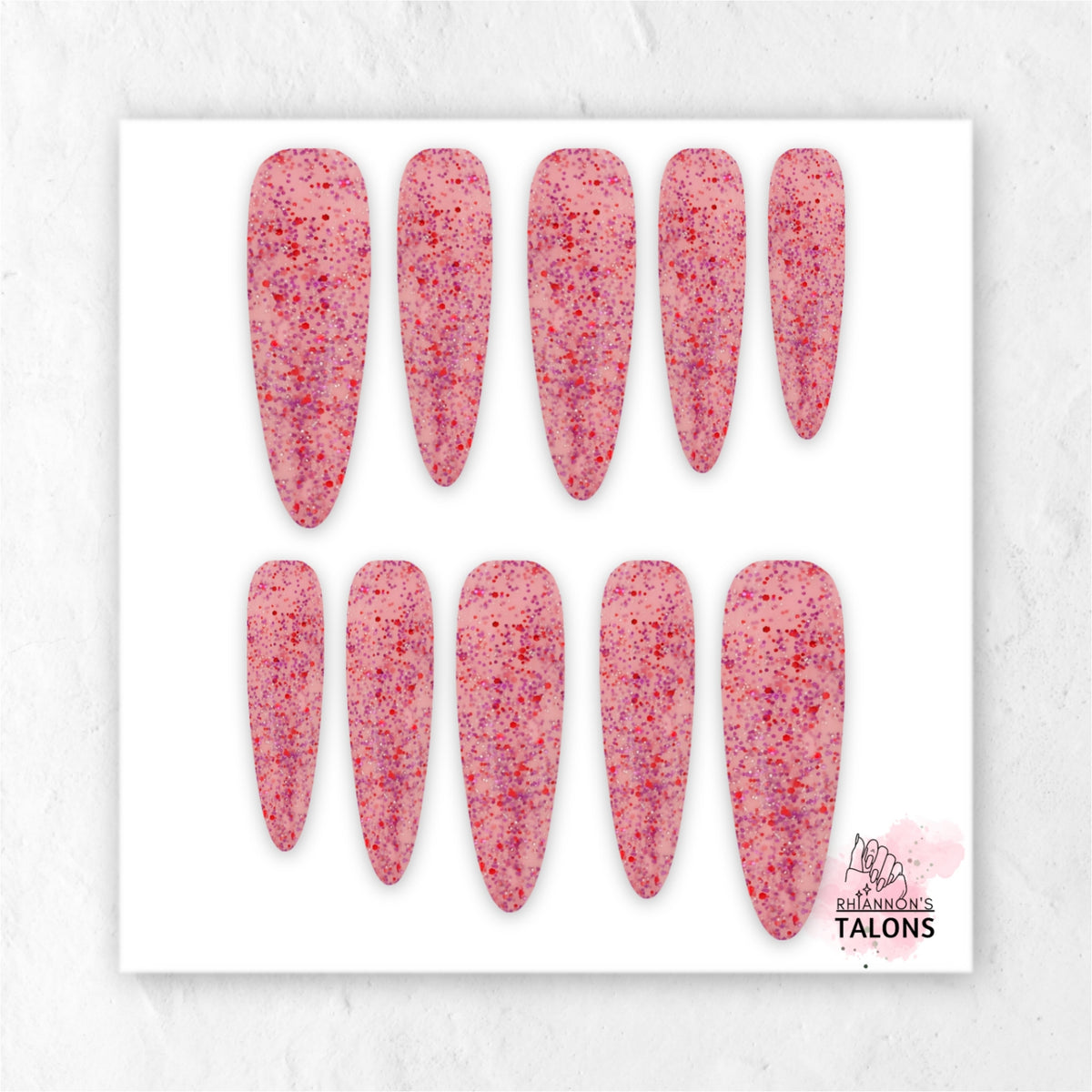 Cupid's Sprinkles pink red and purple glitter extra long almond press-on nails with glossy finish