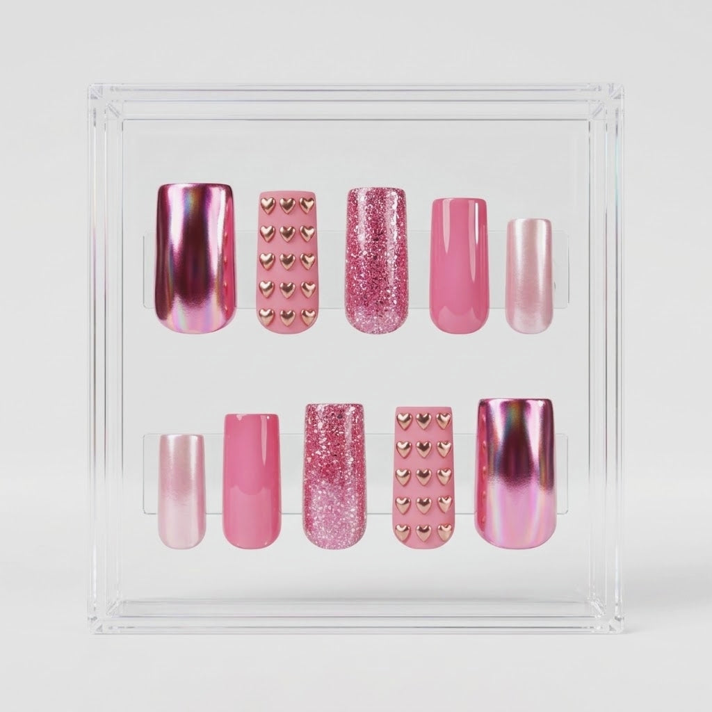 A set of 10 square press-on nails displayed on clear plastic tabs against a white background. The set includes matte pink with chrome gold hearts, glossy pink, glittery pink, chrome pink, and cat eye pink nails decorated.