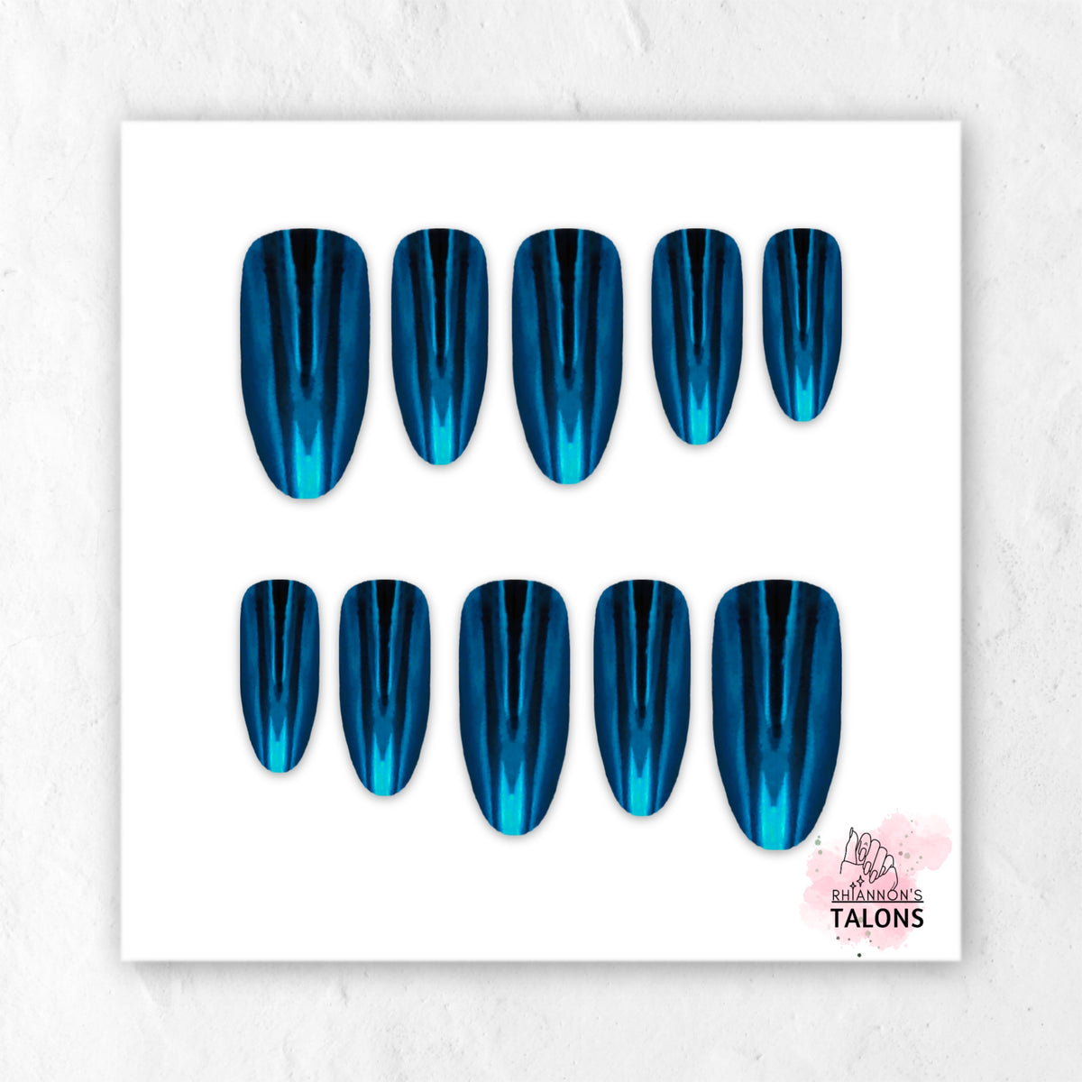 Deep Blue Sea blue chrome medium oval press-on nails with black backing