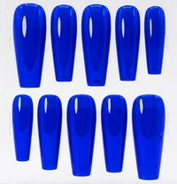 Ten glossy neon blue coffin-shaped press-on nails arranged in two rows of five on a white background.