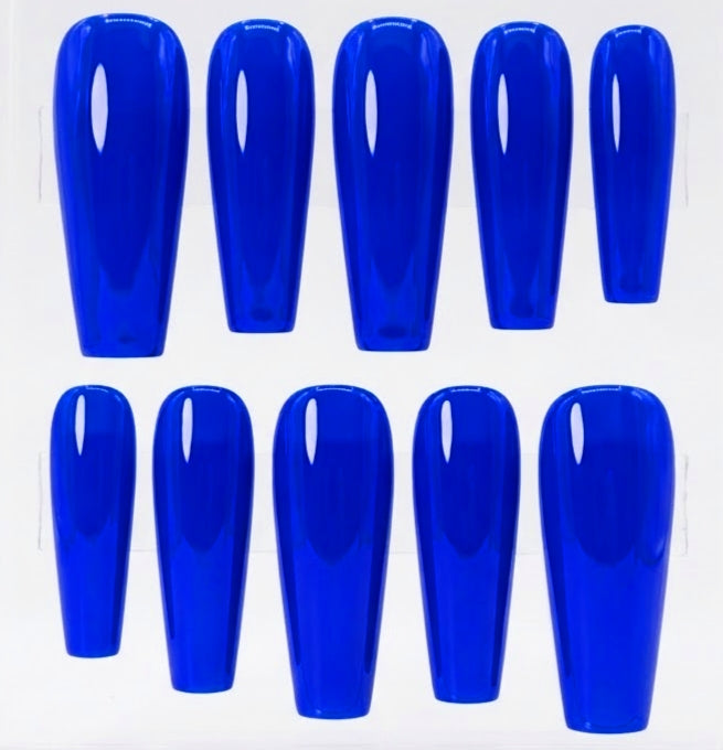 Ten glossy neon blue coffin-shaped press-on nails arranged in two rows of five on a white background.