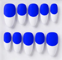 Ten false press-on nails arranged in two rows on a light gray background, featuring a neon blue base and white french tips.