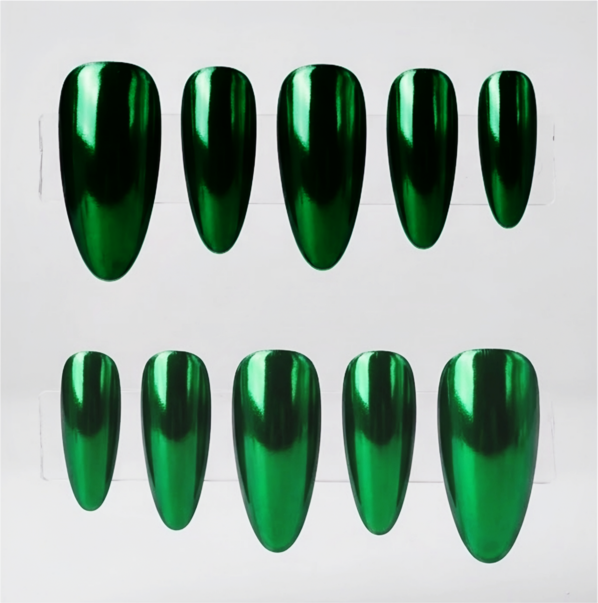 Ten glossy metallic chrome green press-on nails arranged in two rows on a clear display card against a light gray background.