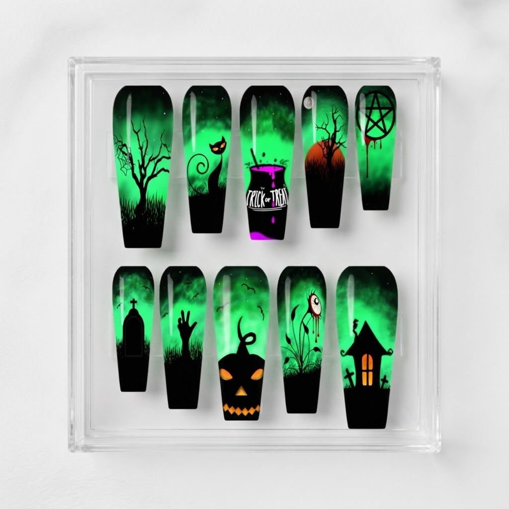 A set of coffin-shaped press on nails displayed in a clear acrylic case, featuring spooky Halloween designs like a tree, a cat, a potion bottle, a tombstone, a jack-o'-lantern, and a haunted house over a glowing green misty background. 