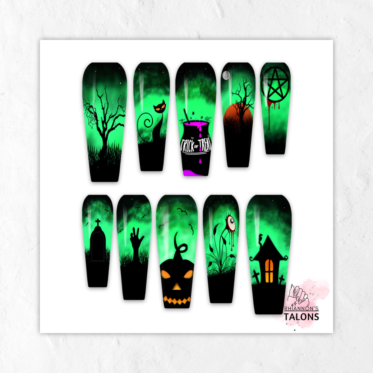 A set of coffin-shaped press on nails displayed on a white background, featuring various spooky Halloween designs including a tree, a witch's hat, a cauldron, a tombstone, a haunted house, and a graveyard scene in black and neon green.