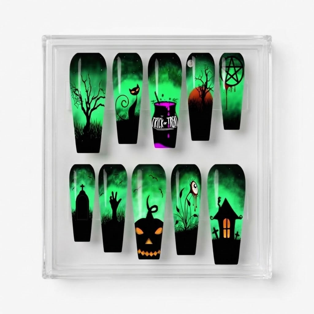 A set of coffin-shaped press-on nails displayed in a clear acrylic case, featuring various spooky Halloween designs like a tree, a cat, a cauldron, a pentagram, a tombstone, and a haunted house against a green and black gradient background, with a glossy finish.