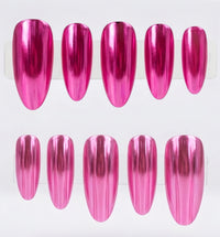 Ten metallic chrome hot pink press-on nails arranged in two rows of five on a white background.