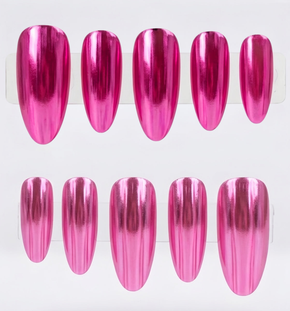 Ten metallic chrome hot pink press-on nails arranged in two rows of five on a white background.