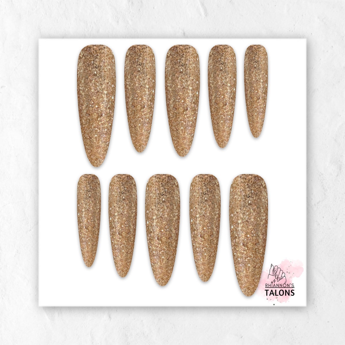 Golden Hour gold glitter extra long almond press-on nails with glossy finish
