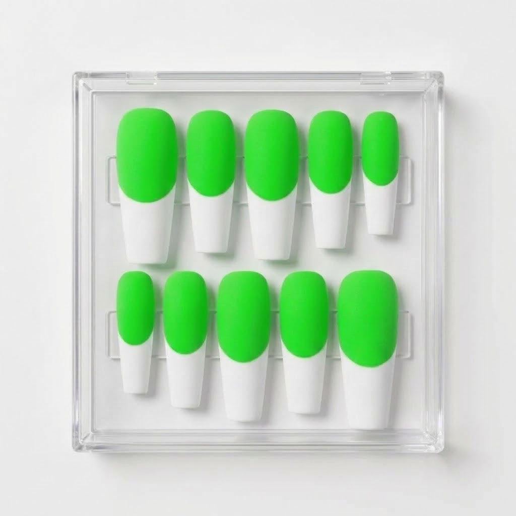 Ten false press-on nails arranged in a clear plastic case, featuring a bright neon green base and white french tips, on a plain white background.
