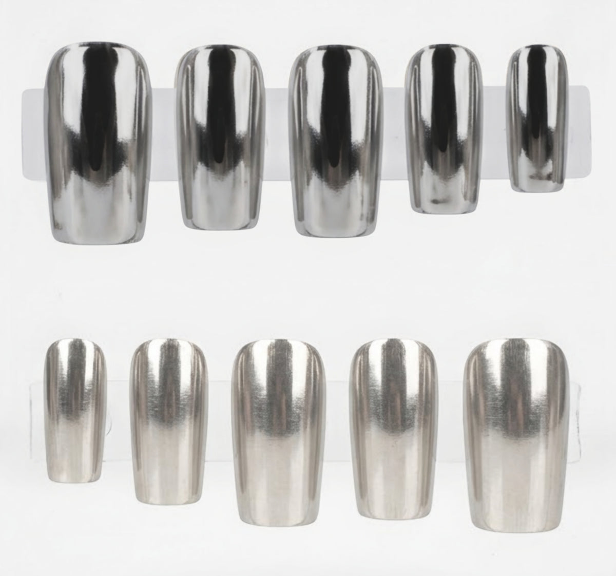 Ten metallic silver chrome press-on nails displayed on clear plastic stands against a white background.
