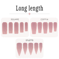 Nail shape guide showing three long nail styles under the heading 'Long length': Square, Coffin, and Stiletto, each with five sample tips in a soft dusty pink shade on a white background.