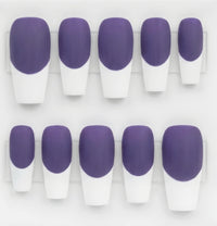 Ten square-shaped press-on nails arranged in two rows on a clear display card, featuring a solid purple top half and a white french tip.