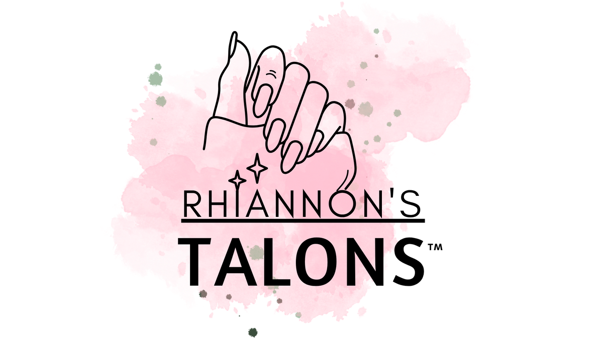 Rhiannon's Talons logo. A drawing of a hand with stars connected to the words Rhiannon's Talons, with a rade Mark symbol. A pink and green splotch mark in the background.