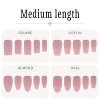 A nail press-on size and shape chart titled 'Medium length' on a white background. It shows four sample panels labeled Square, Coffin, Almond, and Oval, each with five pink nail tips in a medium length shape.