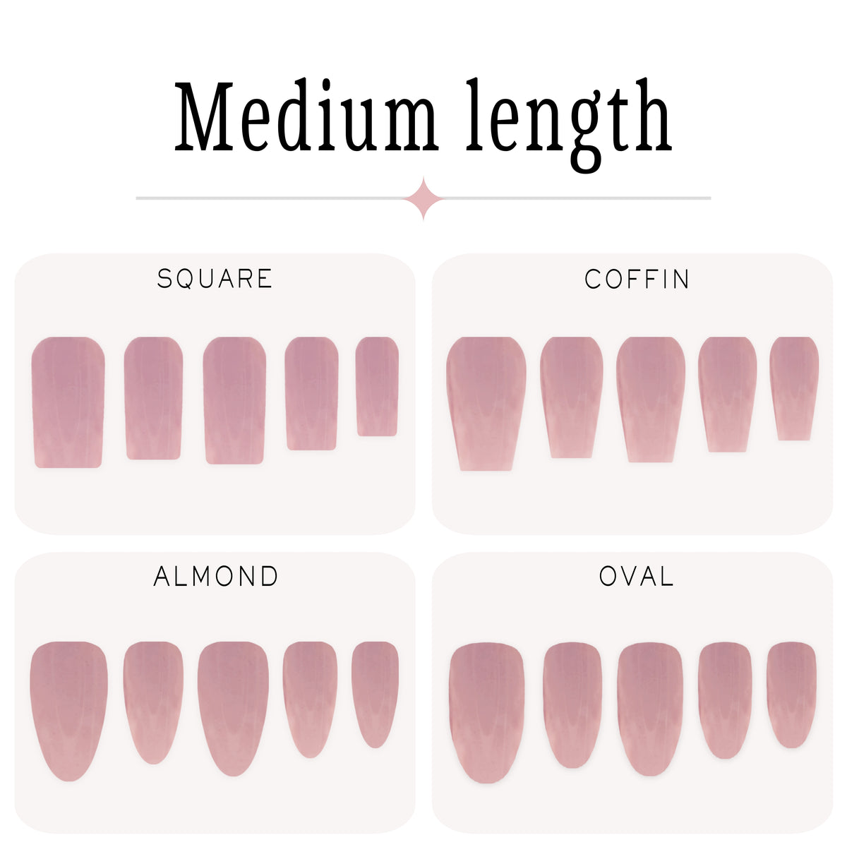 A nail press-on size and shape chart titled 'Medium length' on a white background. It shows four sample panels labeled Square, Coffin, Almond, and Oval, each with five pink nail tips in a medium length shape.