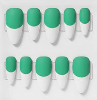 A set of artificial press-on nails arranged in two rows on a white display card. Each nail is half mint green base and french tips, shown against a clean white background.