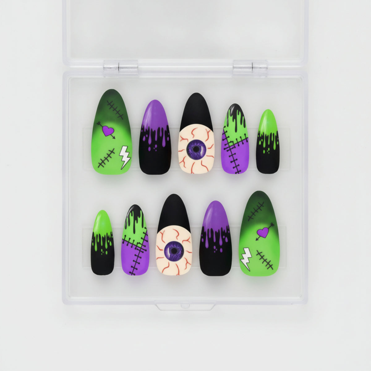 Monster Mash green purple and black Halloween press-on nails with eyeballs, dripping goo and monster nail art