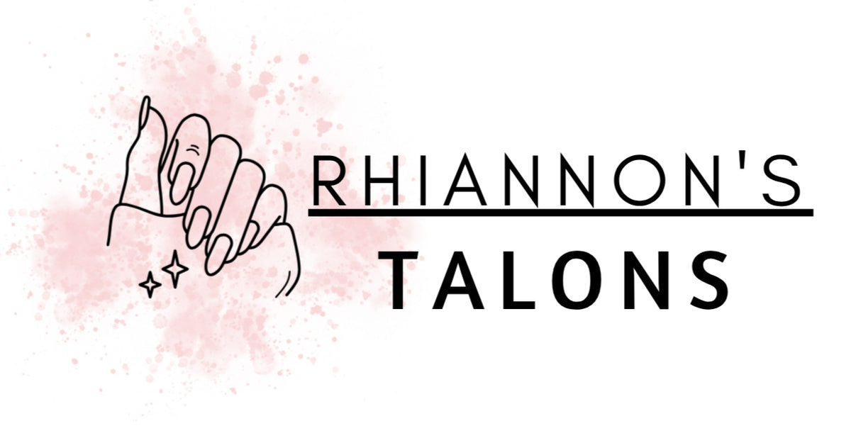 A logo-style graphic with the text 'RHIANNON'S TALONS' in black on a white background, alongside a simple line drawing of hands with pink nail art and a soft pink paint splatter.