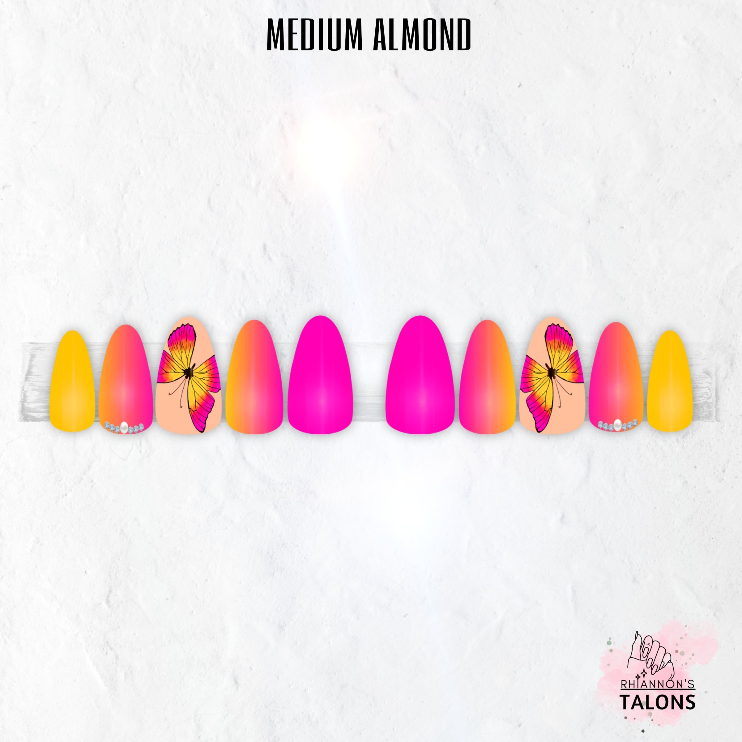 Paradise Wings pink yellow butterfly press-on nails