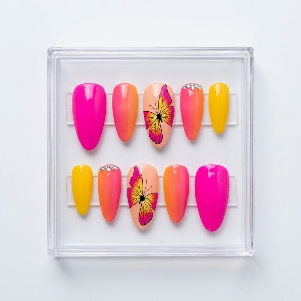 A set of 10 matte almond press-on nails displayed in a clear plastic case on a white background. The nails feature a variety of vibrant colors including hot pink, orange, yellow, and peach, with two central peach nails decorated with a pink and yellow butterfly design and two having small silver rhinestone accents.