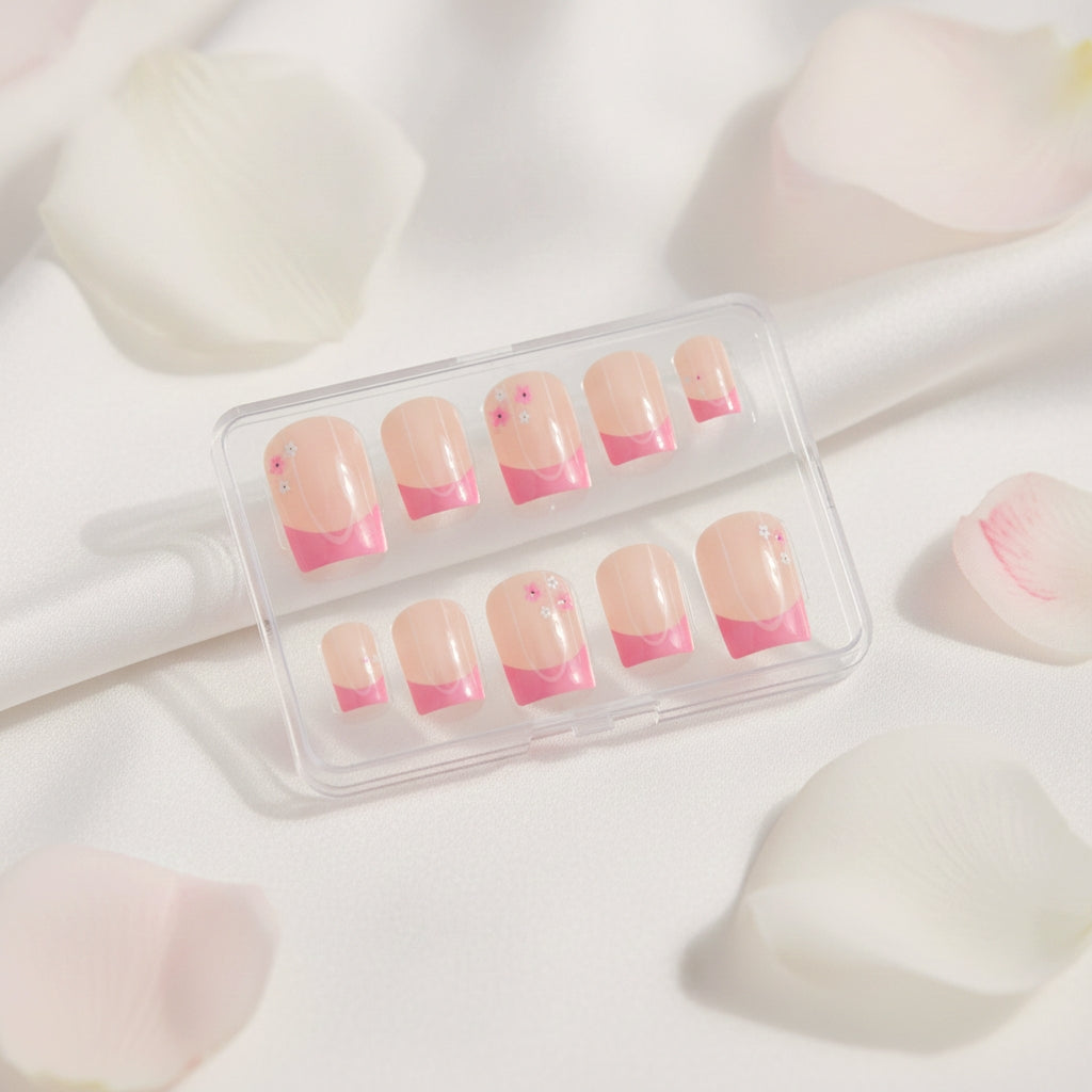 Pink Petal French pink French tip press-on nails with floral nail art