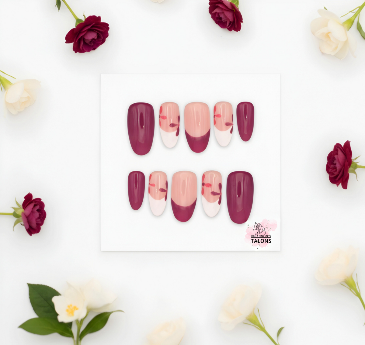 Petal Pop pink press-on nails with hot pink floral nail art