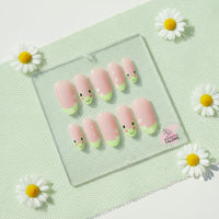 Frog & Blossom pink and green frog press-on nails with daisy nail art