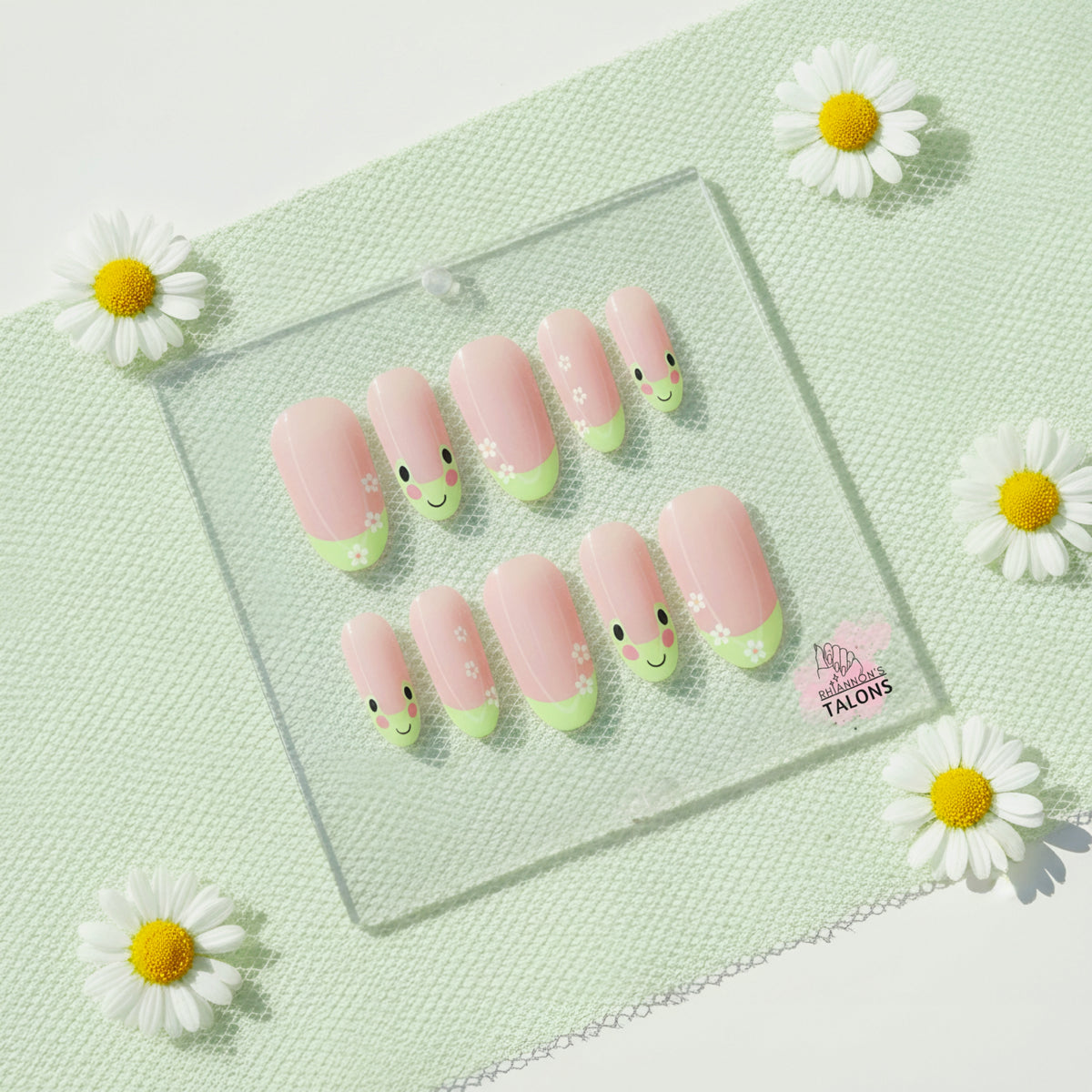 Frog & Blossom pink and green frog press-on nails with daisy nail art