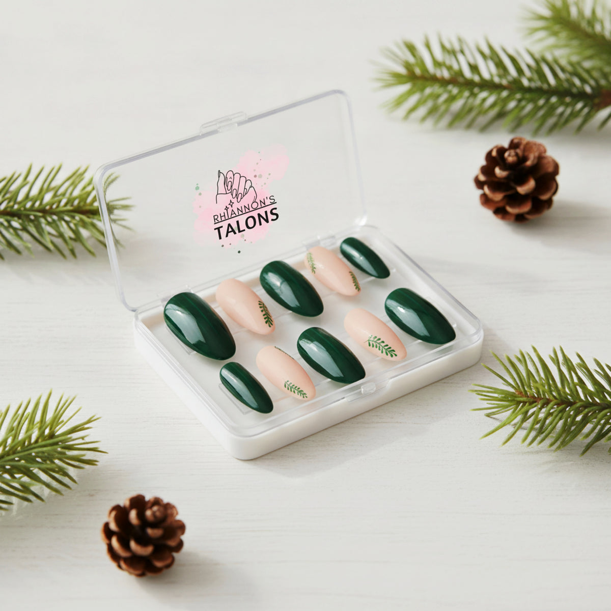 Evergreen Elegance green and nude press-on nails with botanical leaf nail art