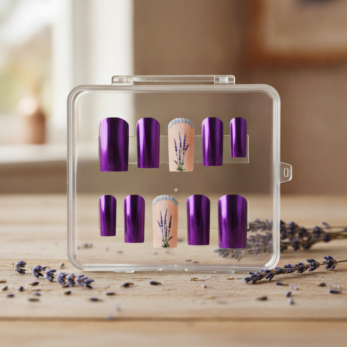 Enchanted Lavender purple chrome press-on nails with lavender floral nail art